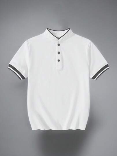 Tween/Tween Boy Baseball Collar Partial Button POLO Shirt, Casual Short Sleeve Lightweight Everyday Wear For Summer