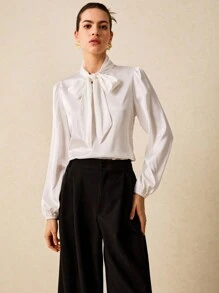 Poéselle Tie Neck Lantern Sleeve Blouse - White - View 6