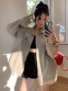 DAZY Damen Spitze Patchwork Buchstaben Muster Loose Langarm Jacke, Herbstkleidung