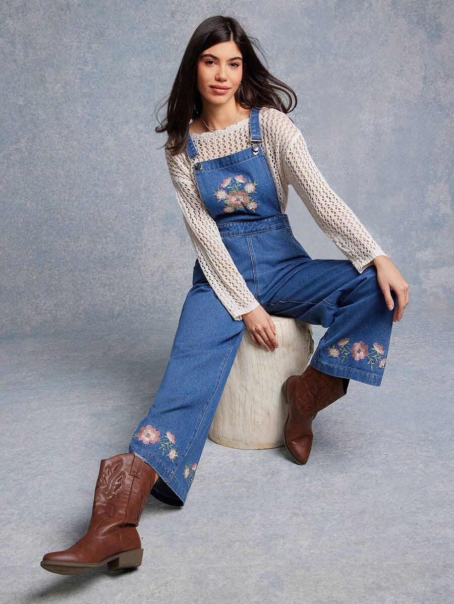 WESTFADE Spring Floral Embroidered Wide Leg Denim Overalls - Medium Wash - View 1