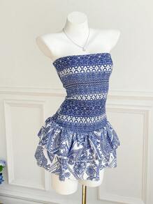 Elamini Vacation Casual Print Bandeau Dress