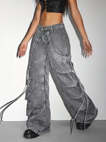 SHEIN ICON Jeans anchos y holgados de moda casual para mujer - Gris - Ver 4