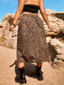 CovetEZ Plus Size Vintage Leopard Print A-Line Slit Skirt - Brown - View 3