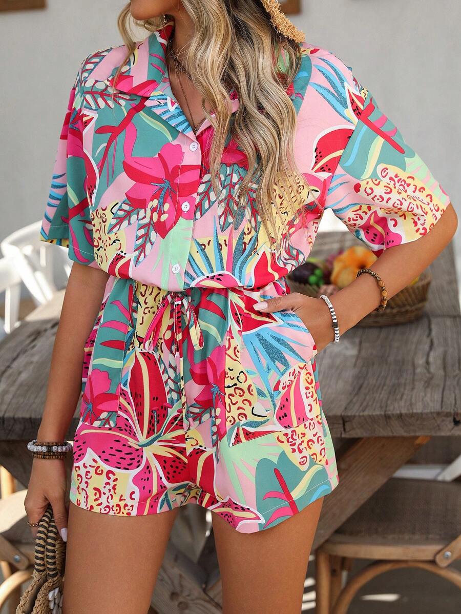 Breezaya 女士休闲短袖热带植物印花连体裤 - 彩色 - 查看 1