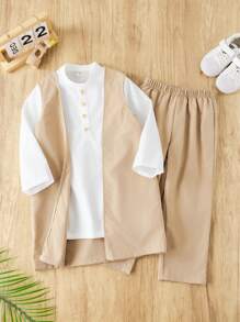 SHEIN 3pcs Set Toddler Boys Casual Robe Style Collared Shirt, Solid Color Pants Outfit, Suitable For Kids Outfits, Back To School, Birthday Parties, Evening Events, Performances, Weddings, School Commencements, Daily Wear, Spring, Summer - Khaki - View 3