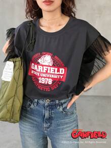 Garfield | FRIFUL 女士圆领网眼拼布撞色字母印花上衣，夏季可爱上衣 - 灰色 - 查看 2