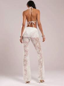 SHEIN BAE Women's Minimalist Fashion Sexy Halter Bikini Swimwear Set And Lace Cover Up Pants, Suitable For Daily Wear, For Summer Beach Vacation Swim Suits For Women Bathing Suits For Women Summer Outfits For Women Bikini Set Beachwear Vacation Outfits Woman Beach Outfits For Woman Western Wear Women Beach Bikini Set For Women Cover Ups For Swimwear Vacation Outfits Women - White - View 2