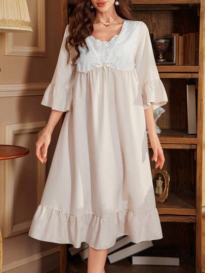 女士V领七分袖两用荷叶边睡裙娃娃衫，适合假日、秋冬季穿着。