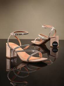 SHUZIA Women Comfortable Block Heel Wide Fit Elegant Rhinestone Nude Mother's Day Present - Beige - View 5