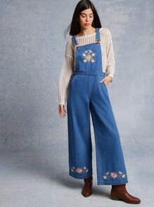 WESTFADE Spring Floral Embroidered Wide Leg Denim Overalls - Medium Wash - View 4