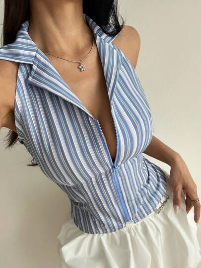 Flirla Vintage randig dragkedja framtill ärmlös skjorta