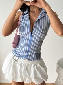 Flirla 复古条纹前拉链无袖衬衫