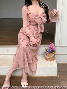 DAZY Đầm midi dáng ôm bằng chiffon in họa tiết hoa hồng, thắt eo xoắn, có bèo nhún, thích hợp cho nữ, kiểu dáng mùa thu, tay dài, trang phục đi nghỉ mát, lễ Phục sinh. - Hồng - Xem 11