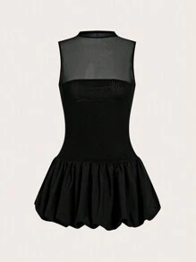 SHEIN EZwear Summer Mesh Panel  Hem Mini Dress Graduaion Dress - Black - View 5