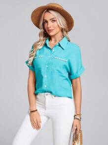 SHEIN LUNE 女士单排扣口袋贝壳边短袖休闲衬衫 - 水鴨藍 - 查看 6