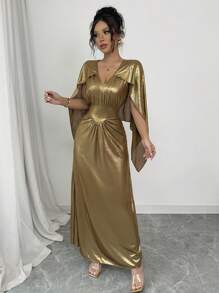 Elenzga 女士春夏斋月假期蝙蝠袖金属光泽长袍，V 领，收腰，及地长，适合女性假期、复活节、母亲节 - 金色 - 查看 6