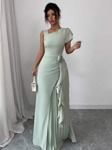 Elenzga Asymmetric Shoulder Pleated Ruffle Sleeve A-Line Floral Elegant Romantic Dress For Women - Mint Green - View 4