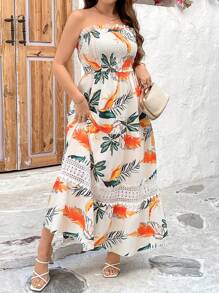 SHEIN Clasi Elegant Commuter Vintage Casual Versatile Women's Dress With Lace Patchwork Hem & Frill Trim Sleeveless Design, Multi-Colors, Plus Size Boho, Spring/Summer/Autumn - White - View 6