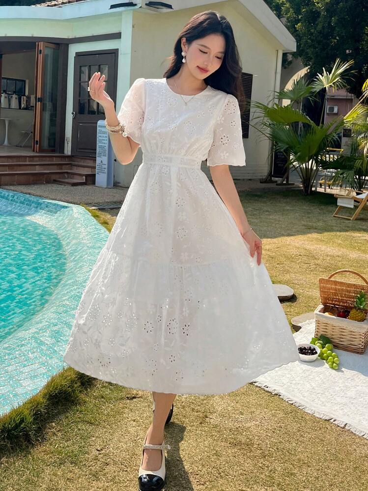 DAZY Women's Round Neck Short Sleeve Lace Fabric Long Dress Sundress - White - View 2