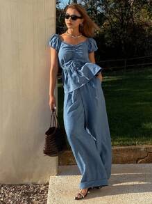 DAZY 女士甜美泡泡袖抽绳上衣和卷边直筒裤套装，荷叶边，女士两件套 - 中等水洗藍 - 查看 6