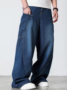 Manfinity Hypemode Men's Pocket Wide Leg Relaxed Casual Versatile Denim Jeans - Blue - View 7