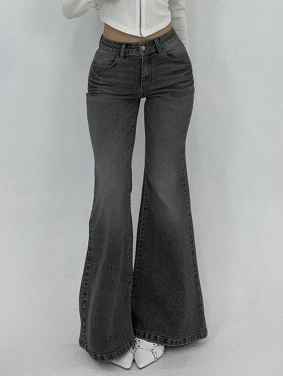 DAZY 女士休闲喇叭牛仔裤，简约时尚，适合日常穿着 - 深灰色 - 查看 1