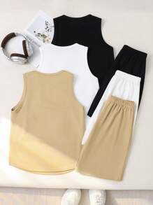 6pcs Tween Boys Casual Cute Expression Print Round Neck Knit Top And Shorts Set, Suitable For Commuting, School, Everyday Casual, Sports, Spring/Summer