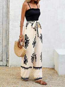 Breezaya 女士优雅度假露肩花卉蕾丝腰带撞色印花宽松阔腿连体裤，春夏