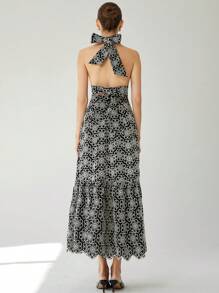 Aveloria Modichic Contrast Color Floral Daisy Embroidered Deep V Neck Tie Front Backless Dress, Elegant Vacation Style With Luxurious Design Feel - Black and White - View 6