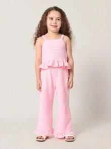 SUMWON Ruffle Hem Wide Leg Summer Beach Pants Girls' Casual Vacation Lounge Resort Wear Breathable Seersucker Fabric Holiday Fashion Bottoms