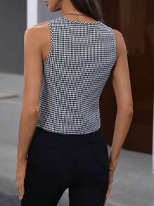 SHEIN LUNE Plus Size Front Button Sleeveless Houndstooth Casual Top