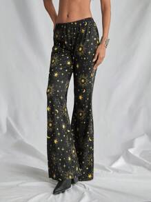 Lunelith SHEIN Lunessa Boho Style Women's Low Waisted Starry Moon Print Stretchy Flare Pants, Comfortable For Summer Rave Outfits Festival Fall Cloth For Women