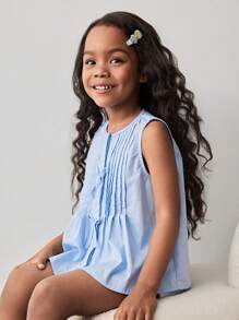 Maija Kids Maija Kids 带蝴蝶结装饰的年轻女孩圆领编织休闲背心 - 藍色 - 查看 5