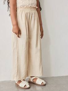 Maija Kids Maija Kids Young Girl's All-Match Loose Wide Leg Pants With Ruffle Waist, Simple Design, Fashion Casual Wear, Khaki Color, Spring/Summer