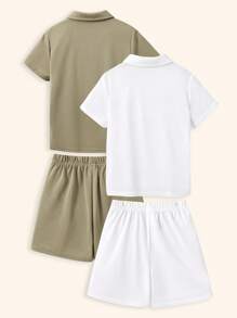 SHEIN 4pcs/Set Young Boy Casual White Summer Knit Two-Piece Set,Polo Collar Letter Print Top And Solid Shorts,Back-To-School Career Day School Birthday - Multicolor - View 2