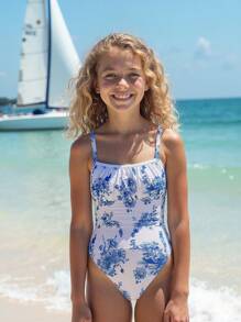 SHEIN Tween Girls One Piece Is Fashionable, Casual, Elegant, With Blue And White Flower Patterns. It Is Knitted In One Piece Without Cuff And Pleated. The Thin Design Is Suitable For Summer Vacation And Swimming - Multicolor - View 1