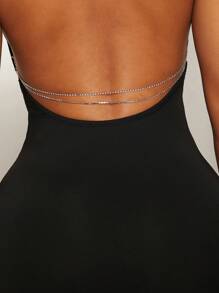 SHEIN SXY Spring/Summer Valentine's Day Wedding Season Guests Wear A Black High-Stretch Knit Halter Sleeveless, High Slit, Large Halter With Chain Decoration Long Slim-Fit Dress
