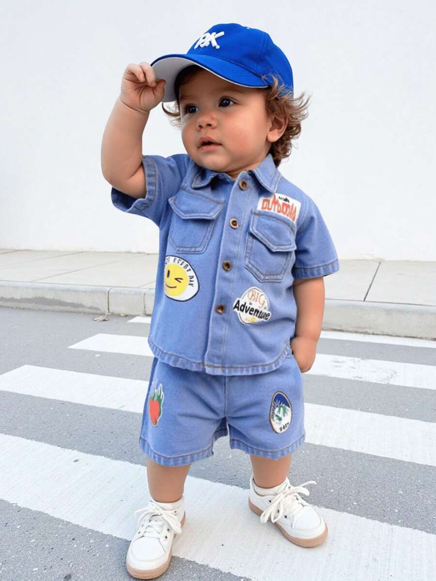 Bộ 2 sản phẩm/bộ quần áo denim tay ngắn in chữ phong cách đường phố đa năng cho bé trai, quần short denim in họa tiết giặt, cạp chun, phong cách Y2K, mùa xuân/hè, quần áo trẻ em, quần áo trẻ mới biết đi, trang phục trẻ em, áo khoác trẻ mới biết đi, quần short trẻ mới biết đi, 6 tháng-3 tuổi - Màu xanh lam - Xem 1