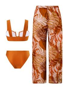 Swim Oasis Springbreak 3Pcs Women's Summer Holiday Solid Textured U-Neck Backless Top & High-End Printed Mesh Beach Pants Swimwear Set, Festival Boho - Multicolor - View 3