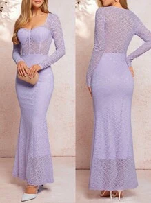 SHEIN Clasi فستان طويل الأكمام بياقة مربعة من الدانتيل الأرجواني، ذيل شكل الحورية، أنيق للنساء، متناسب للحفلات والتجمعات والارتداء اليومي - الأرجواني - مشاهدة 6