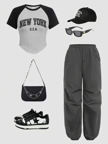 SHEIN Girlism 2 件套青少年女孩针织拼色字母印花 T 恤和纯色弹性袖口裤子，休闲装