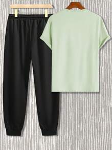 Manfinity Homme Plus Size Men's Letter Print Round Neck Short Sleeve T-Shirt And Casual Pants Set - Mint Green - View 2