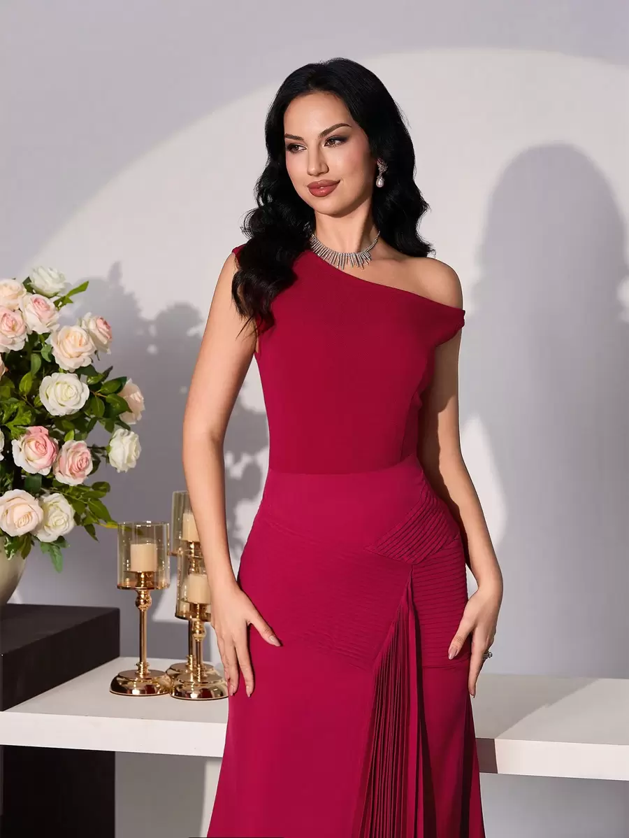 Modelyn 女式不对称肩部荷叶边拼接优雅浪漫连衣裙，适合春夏季 - 紅色 - 查看 1