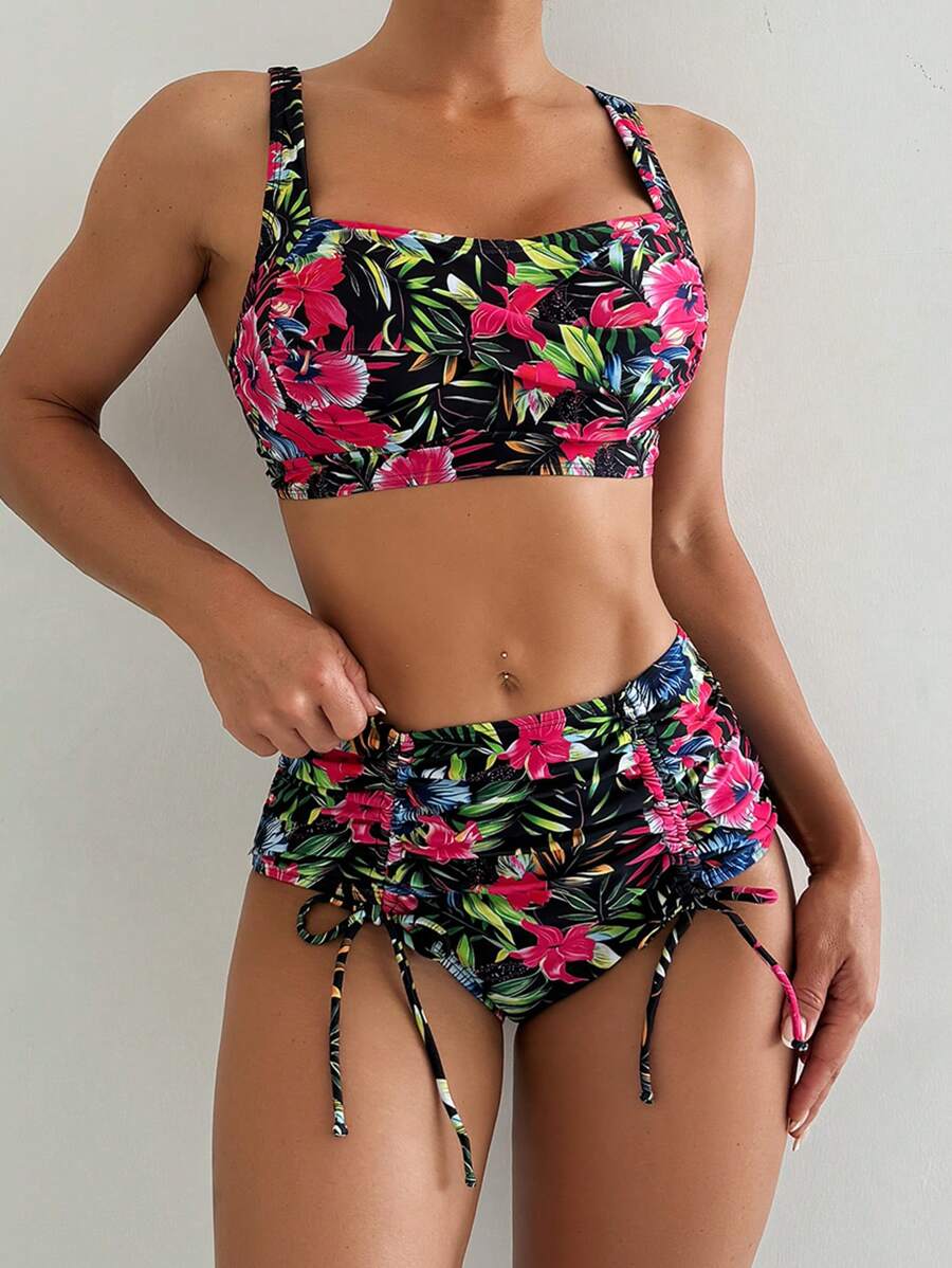 Swim Lushoire Popular Tropical Floral Print Criss-Cross Front Wrinkled Enhancing Bust Tankini Set With Drawstring Waist, Slimming Mature Tropical Beach Summer Vacation Style For Women - Multicolor - View 1