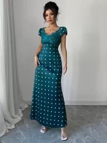 Elenzga Women's Elegant Fashion Commuter Holiday Party Dating V-Neck Waist Gathered Ruffled Hem Lace Patchwork Polka Dot Dress - Dark Green - View 3