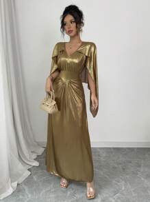 Elenzga 女士春夏斋月假期蝙蝠袖金属光泽长袍，V 领，收腰，及地长，适合女性假期、复活节、母亲节 - 金色 - 查看 4