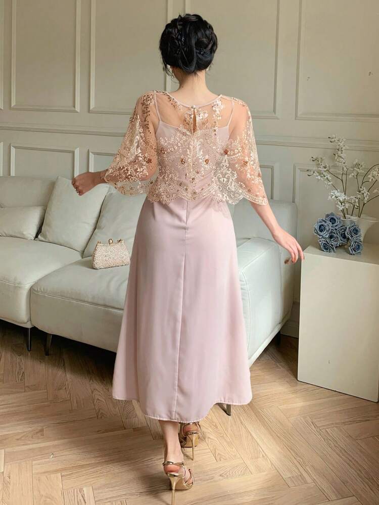 1pc Women Solid Color Round Neck Mid-Length Dress With Lace Shawl, 2 Pieces Set