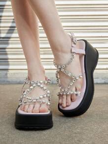 Sugerpunk Różowe sandały dla kobiet, letnie sandały z odkrytymi palcami i skrzyżowanymi paskami, błyszczące buty wizytowe z kryształkami, przezroczyste sandały na platformie z kryształkami