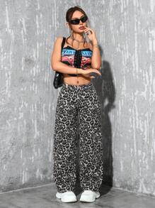 SHEIN PETITE Quần Jeans Ống Rộng Họa Tiết Da Báo Thường Ngày Cho Nữ - Nhiều màu - Xem 3