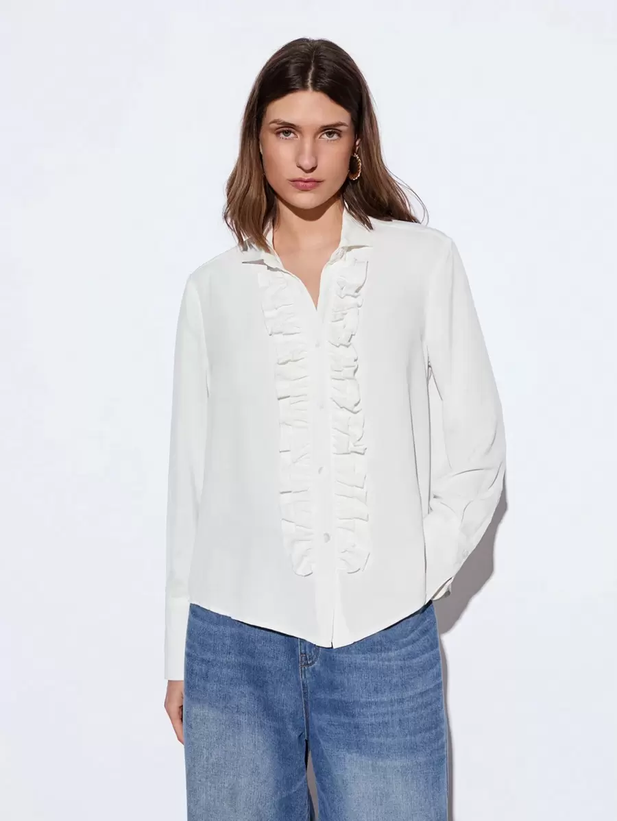 Maija Elegant Modern Spring/Summer New White Chiffon Frilled Front Blouse, Casual Daily Romantic St. Patrick's Day Music Festival Holiday Wear, Suitable For Outing, Party, Wedding Guest, Old Money Style, Music Festival